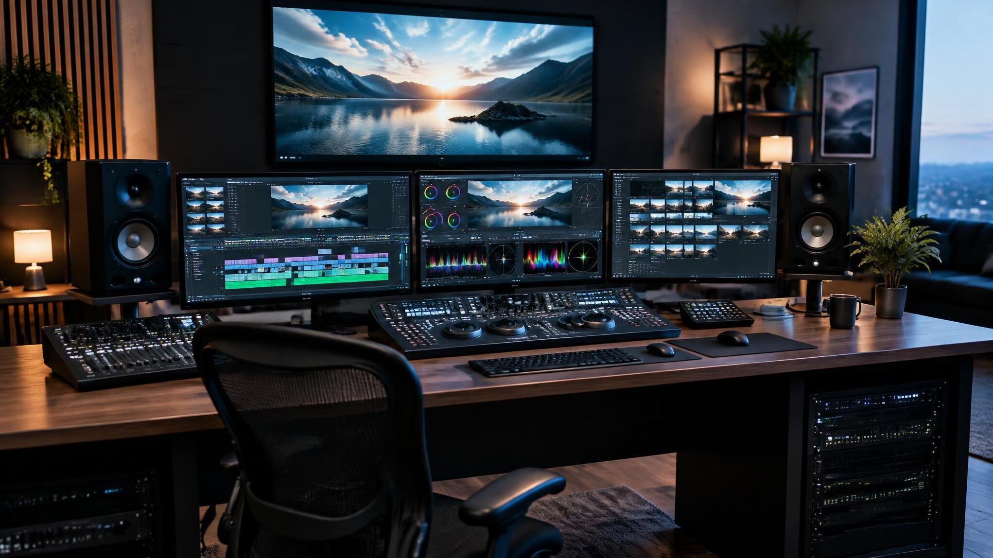 Studio de montage vidéo avec plusieurs écrans et une table de mixage