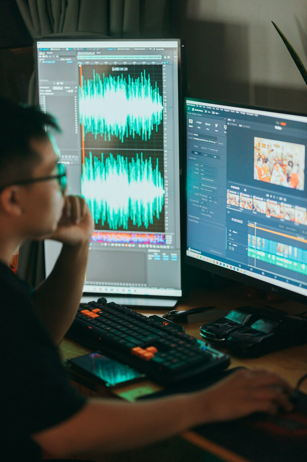 video editor with headphones
